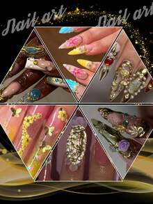 Goldene Nagelkunst Charms, goldene Schleifen, goldene Herzen, goldene Blumen, goldene Sterne, goldene Ozean-Themen Charms, goldene Edelsteine und goldene Rosen mit Aufhebewerkzeug und Pinzette für Nagelkunst Kreationen.