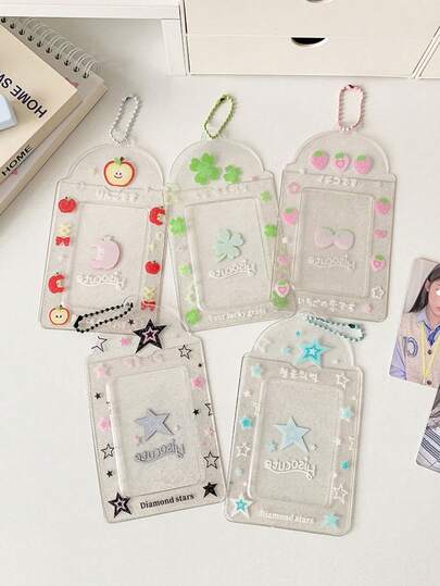 1pc Transparent Four-Leaf Clover & Strawberry 3-Inch Card Holder, Glitter Fruit Cartoon Idol Card Holder, Student ID/Bus Card Wallet, Kids