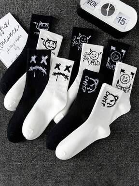 10pairs Random Black-And-White Teenagers Boy's Street Style Casual Sporty Graffiti Mid-Calf Socks