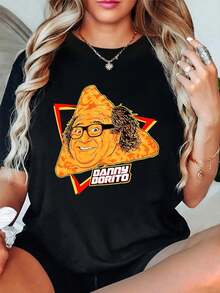 Camiseta de manga corta con cuello redondo y cara de Danny Dorito con sombrero y gafas, 100 % algodón, cómoda y suave para vacaciones de verano. - Negro - Ver 1