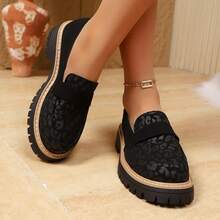 大码女式厚底套脚休闲圆头平底鞋，时尚厚底平底鞋 - 黑色 - 查看 9