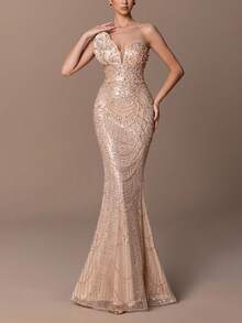女士奢华露肩美人鱼晚礼服 - 珍珠饰边缎面肩部，全亮片和珠饰，后系带设计 - 非常适合婚礼、晚宴、颁奖典礼和晚会 - 香檳色 - 查看 6