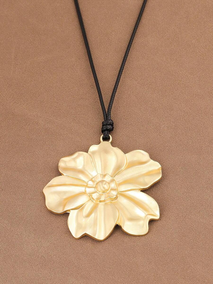 1 pezzo Collana alla moda con ciondolo floreale boho grande e minimalista, finitura opaca oro, corda di cera, adatta per uso quotidiano da donna, catena da 28" + 2" estensibile