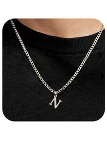 1 pièce Chaîne cubaine en acier inoxydable avec 26 lettres de l'alphabet anglais, collier pendentif avec lettre de A à Z, personnalisé, convient pour le port quotidien des hommes ou en cadeau - Acier - Voir 17