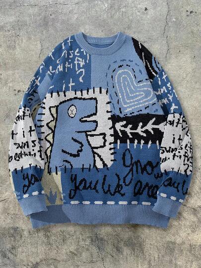 Men's Casual Loose Solid Color Dinosaur & Heart Cartoon Pattern English Letter Cute Rejuvenating Long Sleeve Crew Neck Knitted Pullover Sweater, Autumn/Winter