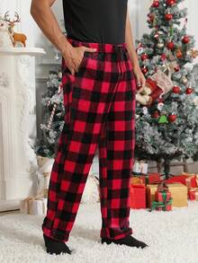 Mens Plush Pajama Pants Soft Flannel Fleece Pajama Lounge Sleep Pant Christmas Plaid Fuzzy Lounge Sleepwear Pj Bottomshalloween - Kẻ caro đen đỏ Buffalo - Xem 2