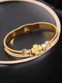 1 件时尚简约不锈钢花朵手链，适合女性日常佩戴或特殊场合/圣诞节和情人节礼物 - 金黃色 - 查看 1