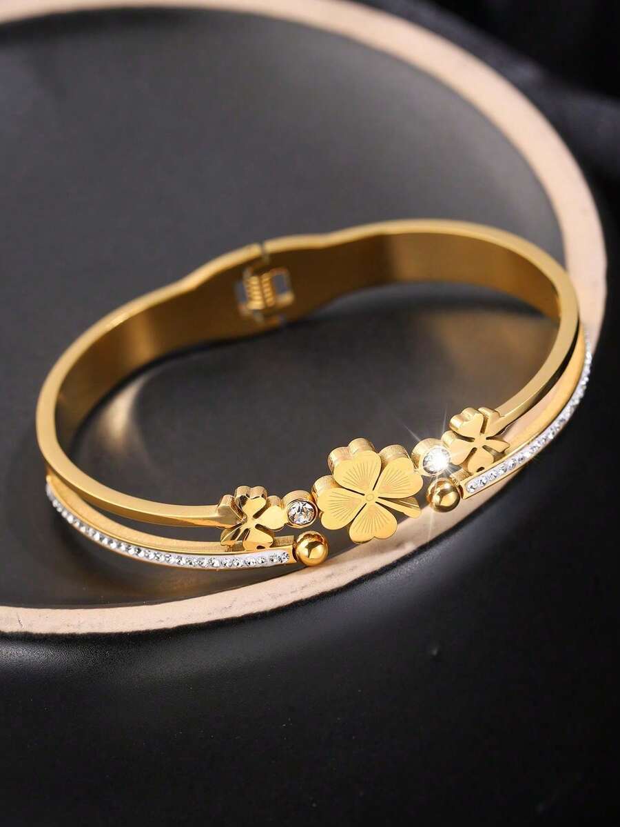 1 件时尚简约不锈钢花朵手链，适合女性日常佩戴或特殊场合/圣诞节和情人节礼物 - 金黃色 - 查看 1