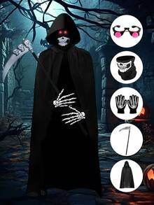 5-Piece Halloween Grim Reaper Costume, Adult Halloween Death Costume With Black Hooded Cloak, Skull Mask, Luminous Glasses, Skeleton Gloves And Death Scythe, For Halloween Cosplay Costumes - 黑色 - 查看 1