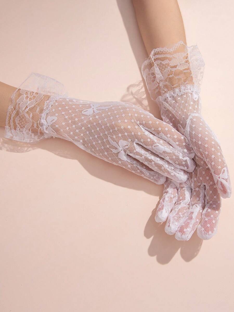 1 Pair Women Lace Bow Gloves Valentine's Day Accessories