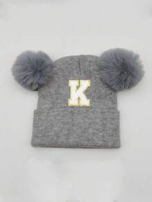 1Pc A-Z Letter Knit Newborn Baby Hat Kids Beanie Cap For Boys Girls Infant Accessories Children Hats Elastic 0-3Y Toddler Girl Boy Hat Birthday Gift For Winter Spring - Grey - View 7