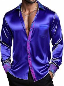 Mens Satin Silk Shirts Long Sleeve Designer Dress Shirt Shiny Untucked Casual Button Down Shirt Party Disco Formalhalloween - 緞面青藍色 - 查看 1