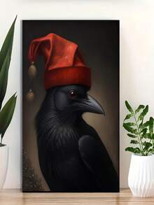 1pc 30*40cm (12*16inch) Gothic Victorian Red Hat Crow - Dark Academic Style Christmas Wall Decor, Vintage Gothic Victorian Poster Print - Home Office Decor - Red Dotted Horror Literature Themed Canvas Painting - Eye-Catching Gothic Art