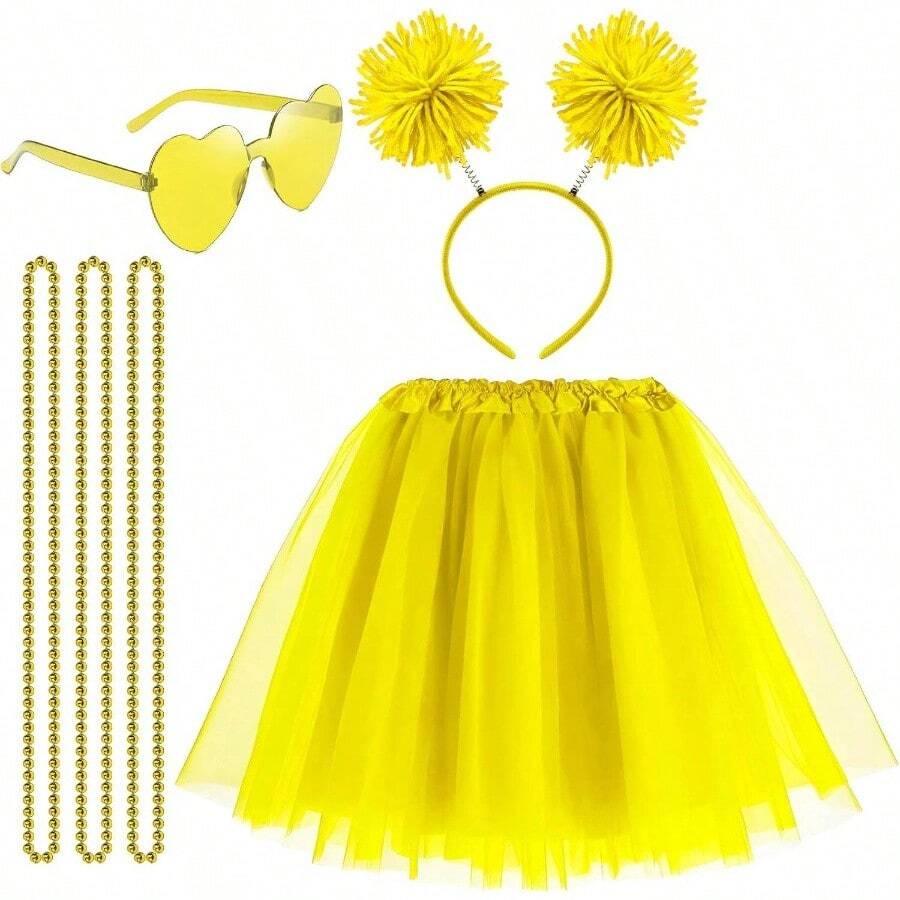 Women Tutu Costume Accessories Set With Headband Halloween 80s Cosplay Birthday Party Soft Pink Fluffy 12pcs Set