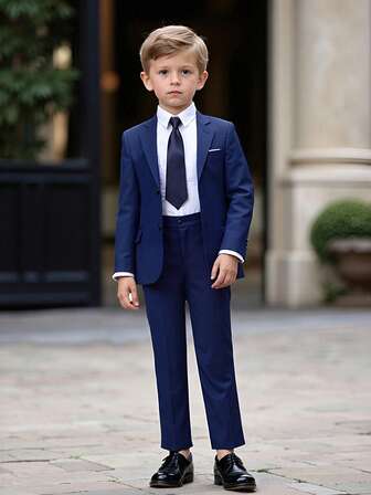 Boys Suits 4-Pieces Suit Set Toddler Tuxedos Dresswear Ring Bearer Outfit Wedding Blazer Pants Shirts Tie Formal Suits For Kids Navy Blue Size 3-10Y