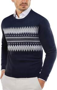 Men's Crew Neck Sweater Slim Fit Lightweight Sweatshirts Knitted Pullover For Casual Or Dressy Wear - 海軍藍/灰白提花 - 查看 8