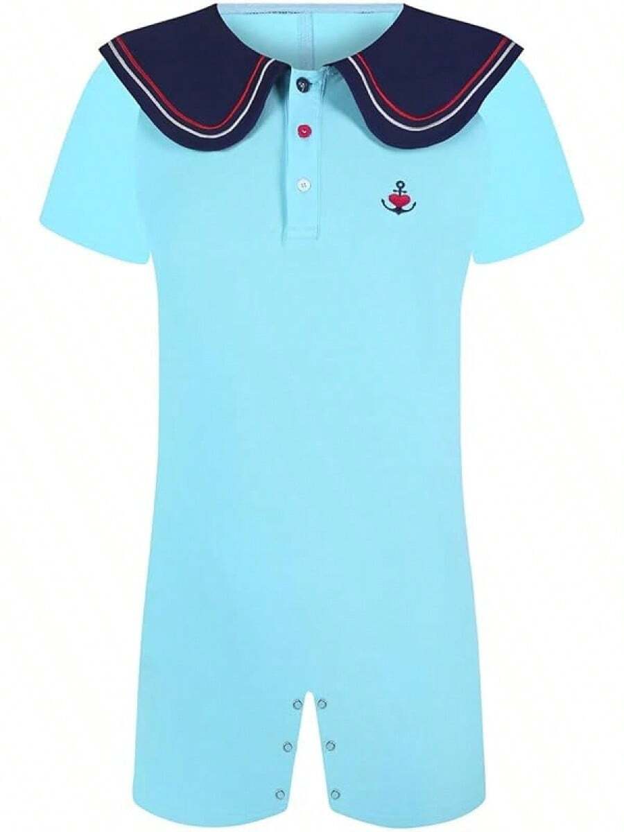 Men's Cotton  Sailor Collar Bodysuit Short Sleeve Print Romper Pajama - Captainhalloween - 淺藍色 - 查看 1