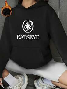 KATSEYE Women's Printed Hoodie - A Relaxed, Casual Hoodie With Pockets Featuring Striking White Lettering And An Eye Pattern. Suitable For All Seasons, Machine Washable, And With A Grey Streetwear Vibe, Perfect For Casual Wear. - 黑色 - 查看 3