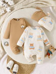 2件套新生儿可爱小熊印花长袖连体衣带帽子，婴儿连体衣套装组合 - 彩色 - 查看 2