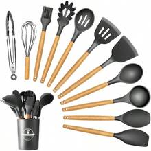 Utensilios de Cocina de Silicona, Juego de Utensilios de Silicon con Mangas Antiadherentes, Resistentes al Calor, sin BPA, Herramientas y Paletas para Cocina Negro, 12 Pcs - 12 piezas + gris - Ver 2