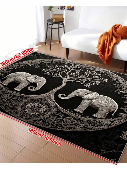 Washable Welcome Mat - Durable Polyester Elephant & Tree Of Life Design, Suitable For Living Room, Bathroom, Kitchen, Laundry Room, Patio - Perfect Home Decor
