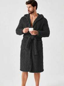 1件男士纹理口袋腰带连帽浴袍休闲款