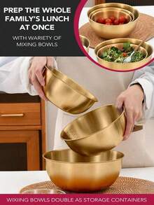 Powcan Stainless Steel Mixing Bowl Set, 3-Piece Nesting Bowls for Cooking, Baking, Salad, and Meal Prep | Stackable Design, Easy to Clean, Durable and Versatile for Kitchen Use - 金色-3件套 - 查看 2