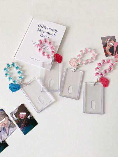 1 pezzo Portachiavi con portafoto in acrilico trasparente a forma di cuore, custodia rigida per schede fotografiche istantanee da 3 pollici