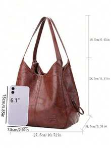 女士水桶单肩手提包，简约时尚大容量托特包，柔软人造革单肩包，拉链手提包 - 棕色 - 查看 6