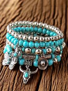 5pcs Bohemian Elastic Handmade Beaded Bracelet Set, Classic Cactus, Cowboy Hat, Butterfly, Bull Head Pendant Fashion Bracelets, Perfect Gift For Party, Festival, Music Event, Unisex