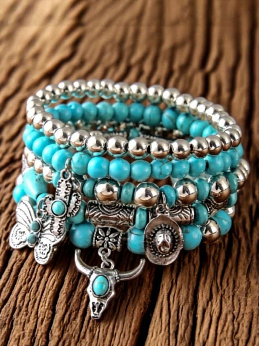 5pcs Bohemian Elastic Handmade Beaded Bracelet Set, Classic Cactus, Cowboy Hat, Butterfly, Bull Head Pendant Fashion Bracelets, Perfect Gift For Party, Festival, Music Event, Unisex