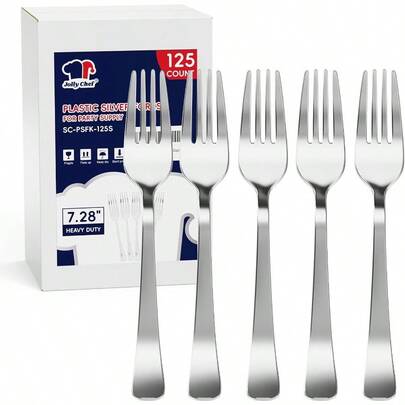 125 Count Silver Plastic Disposable Forks Heavy Duty 7.28 Inch Heat Resistant Durable Silver Dinner Forks For Parties Wedding Daily Events