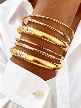 6pcs Smooth Minimalist Gold-Tone Bangle Set, Suitable For Women's Daily Wear, Gift