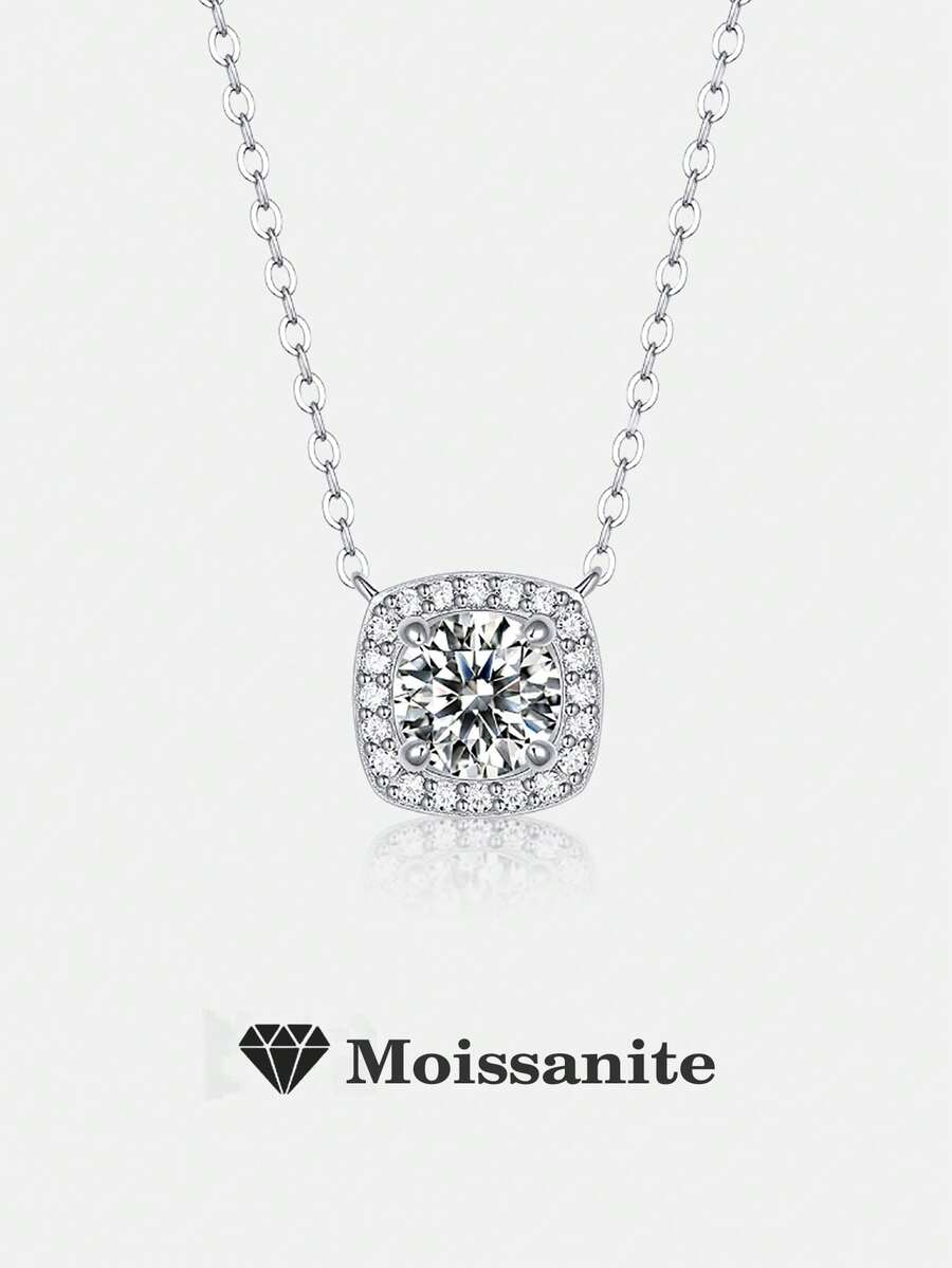 1pc 925 Silver 1 Carat 6.5mm Moissanite Square Pendant Necklace, Suitable For Women's Daily Wear, Banquet, Holiday, Valentine's Day, Mother's Day, Wedding Anniversary, Birthday Jewelry Gift