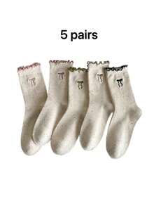 5 双女士波尔卡圆点蝴蝶结荷叶边下摆厚中筒袜，适合秋冬季 - 彩色 - 查看 5