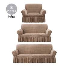3 Piezas Funda para Sofá con Volante Elástica para Sofá de 1/2/3 Plazas Antideslizante y Lavable Protector Resistente al Desgaste y Antipolvo Decoración del Hogar Forros para Sillones - Capuchino - Ver 10