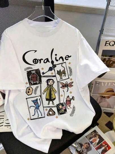 Camiseta Feminina De Gola Redonda Estampada Com Desenho Animado, Moda T-shirt Feminina Com Estampa De Desenho Animado, Camiseta Casual De Manga Curta, Promoção Blusinha Feminina, Conforto Para Todas As Estações