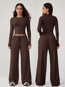 NcmRyu 1 Set Damen bequemer, lässiger Straight-Leg Langarm-Trainingsanzug mit weiter Passform für Fitness, Laufen und Outdoor-Sport