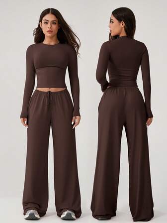 NcmRyu 1套女士舒适休闲直筒长袖宽松健身运动跑步户外运动套装