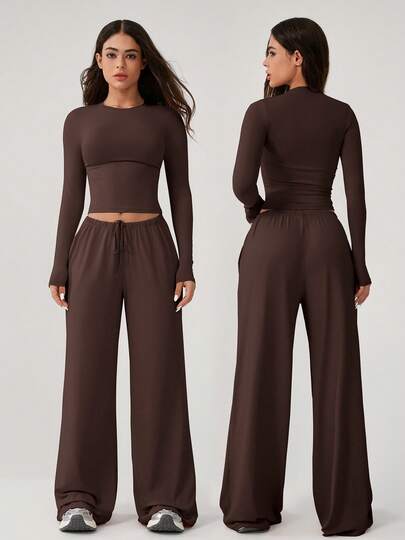 NcmRyu 1 Set Women Comfortable Casual Straight Leg Long Sleeve Loose Fit Fitness Workout Running Outdoor Sports Suit