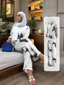 两件套缎面印花套装 - 长袖衬衫和阔腿裤套装，女士休闲春夏装