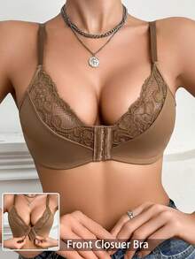 1 件装成熟魅力 - 优雅无钢圈/无衬垫/无缝舒适前扣蕾丝拼接文胸，配有细肩带，适合女士 - 咖啡棕 - 查看 4