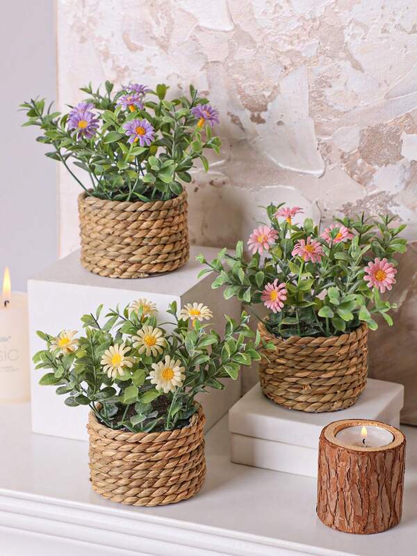 3pcs/Set Artificial Daisy Potted Plants Realistic Boxwood Pot Design Pink, White And Yellow Colour Scheme Featuring 6 Daisy Blooms Lifelike Texture PE Material Artificial Flowers Indoor/Outdoor Decorative Foliage Suitable For Porch Planters And Garden Di