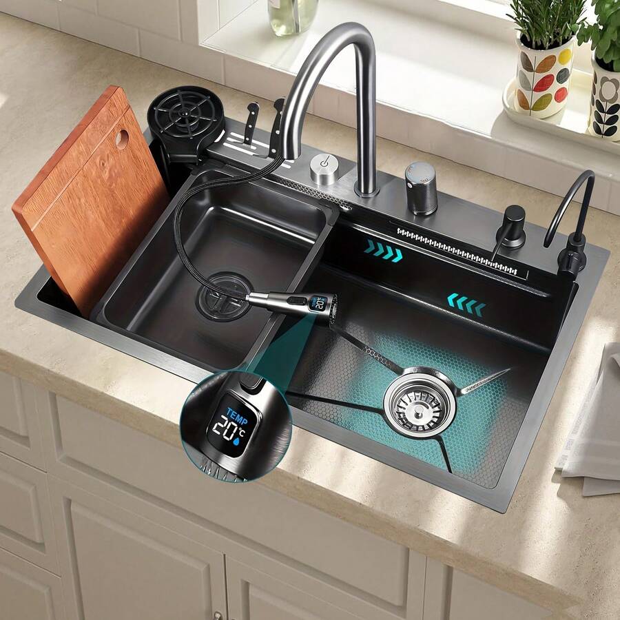Black Kitchen Sink - Embedded Workstation, 304 Stainless Steel Waterfall Sink, Nano Coating, Perfect Integration Of Aesthetic Experience, Durability, And Versatility - 29.5''*17.5''*8'' - View 1