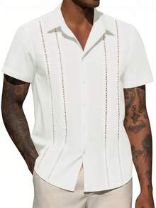 Mens Linen Short Sleeve Shirt Cuban Guayabera Button Down Casual Summer Beach Vacation Wedding Shirthalloween - 草綠色 - 查看 5