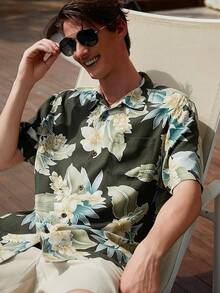 Men's Silk Hawaiian Floral Shirts Short Sleeve Button Down Casual Tropical Holiday Beach Shirtshalloween - 墨綠色 - 查看 8