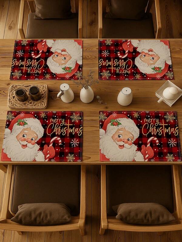 4 Pcs Red Grid Background Santa Claus Pattern Kitchen Floor Mat, Merry Christmas Printing Soft Anti-Slip Mat, Machine Washable, Kitchen And Living Room Laundry Floor Mat, Home Christmas Decoration