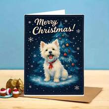1 pièce Carte de vœux de Noël Westie - Un chien Westie avec un sapin de Noël, des flocons de neige et un nœud rouge sur un fond bleu marine d'hiver enneigé - Cadeau de vacances pour les amateurs d'animaux de compagnie - Conception mignonne de West Highland Terrier blanc - Parfait pour les propriétaires de Westie - Carte de vœux festive pour les amis et la famille - Illustration thématique de la saison hivernale confortable - Cadeau de Noël idéal pour les amateurs de chiens, également adapté comme carte de Noël amusante ou carte postale