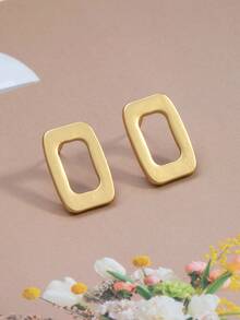 1 par de pendientes minimalistas de metal hueco con diseño geométrico cuadrado, versátiles y de moda para uso diario - Unitalla - Ver 3