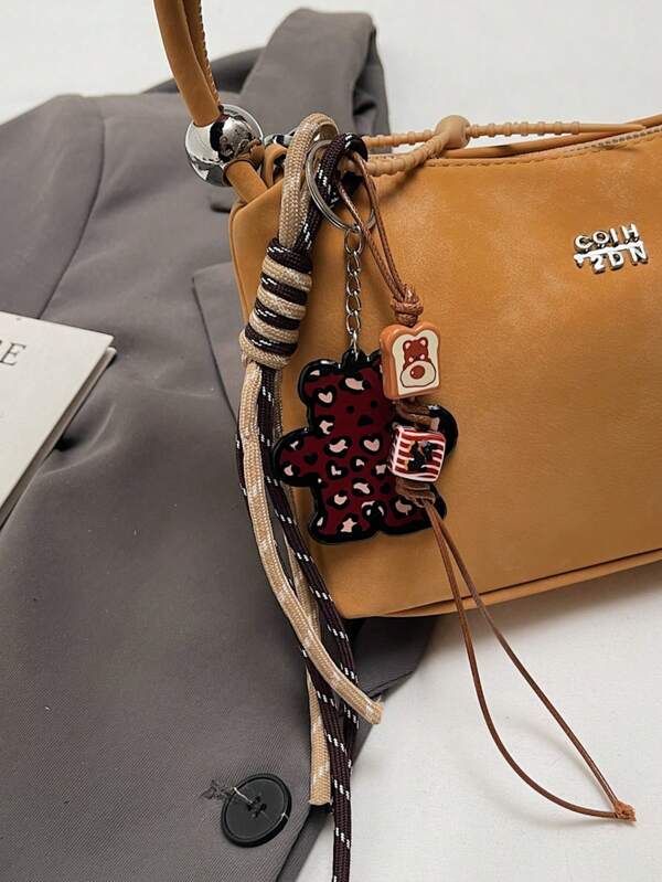 Modischer Schlüsselanhänger, Auto-Schlüsselanhänger, Stil-Taschenanhänger, süßer Bär Deko, Boho Perlen Dekoration, Schlüsselring, geknotetes Armband, geeignet für Frauen, Mädchen, Büro, Schule, kleines Geschenk für sie, verbessert deinen Stil, zufällige Farbe Seil